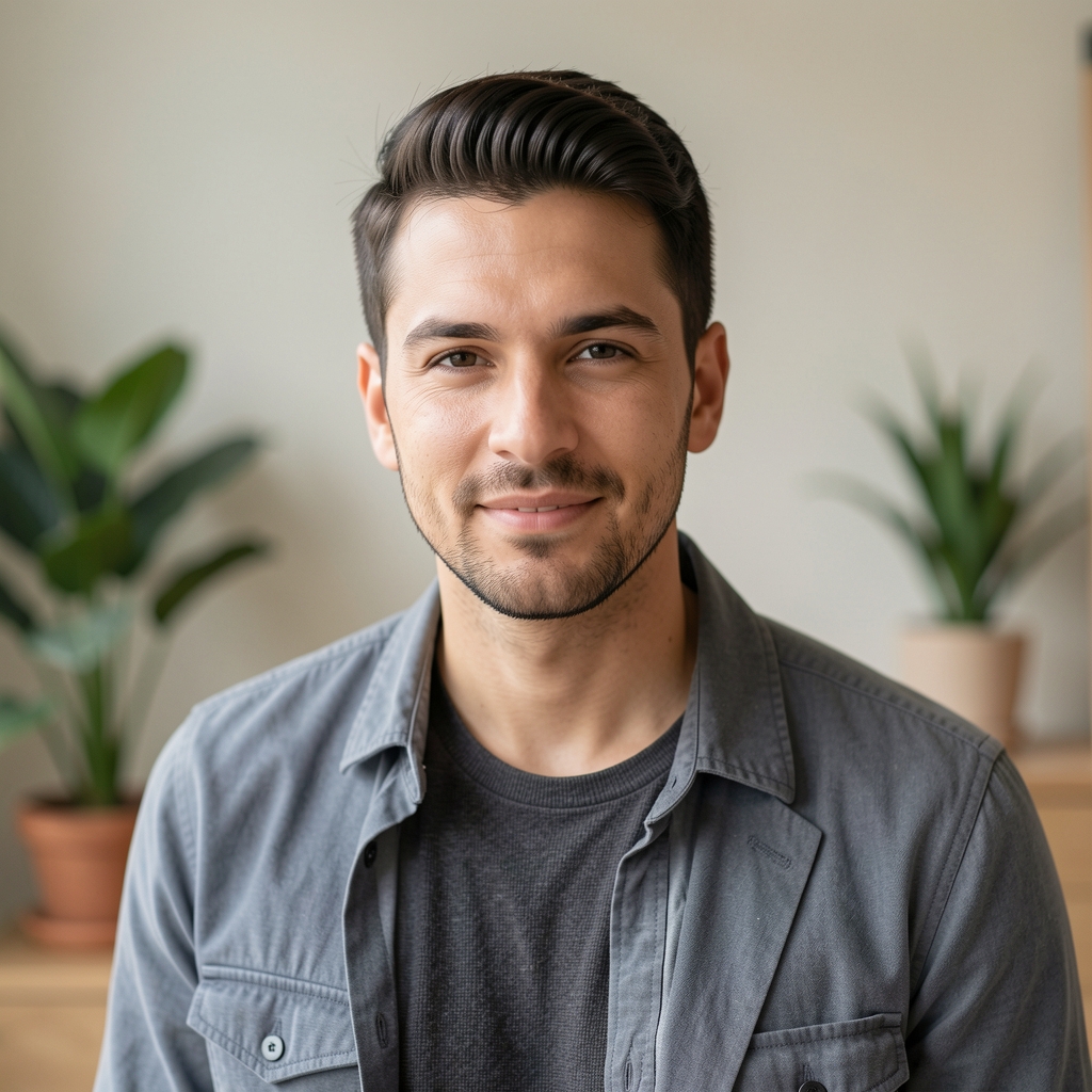 Portrait of a male grooming and lifestyle writer at a minimalist home studio, neat background with plants and neutral tones