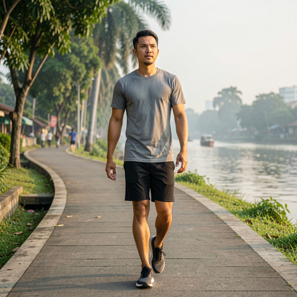 Active man in casual athletic wear walking along a Jakarta riverside path in early morning light, greenery in background