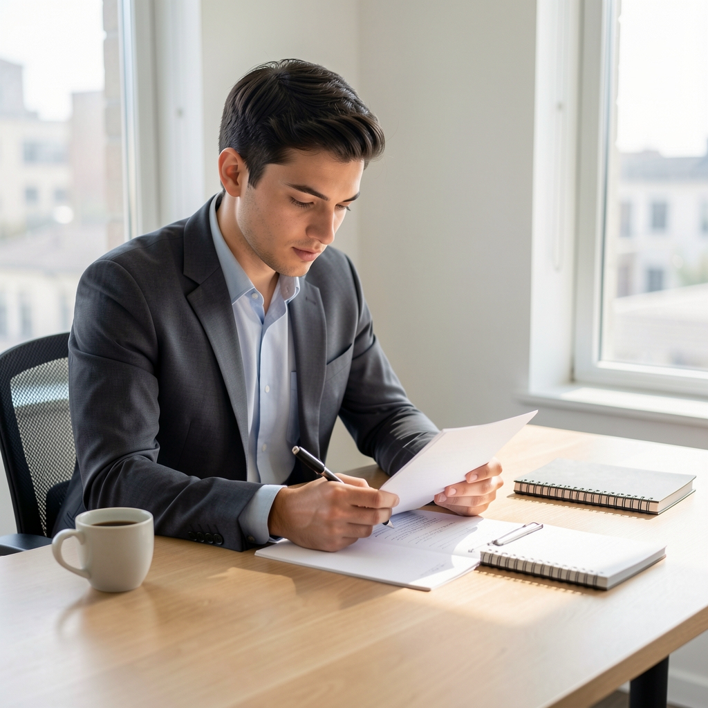 Young professional man reviewing notes at a clean wooden desk with natural light, coffee and a simple planner beside him