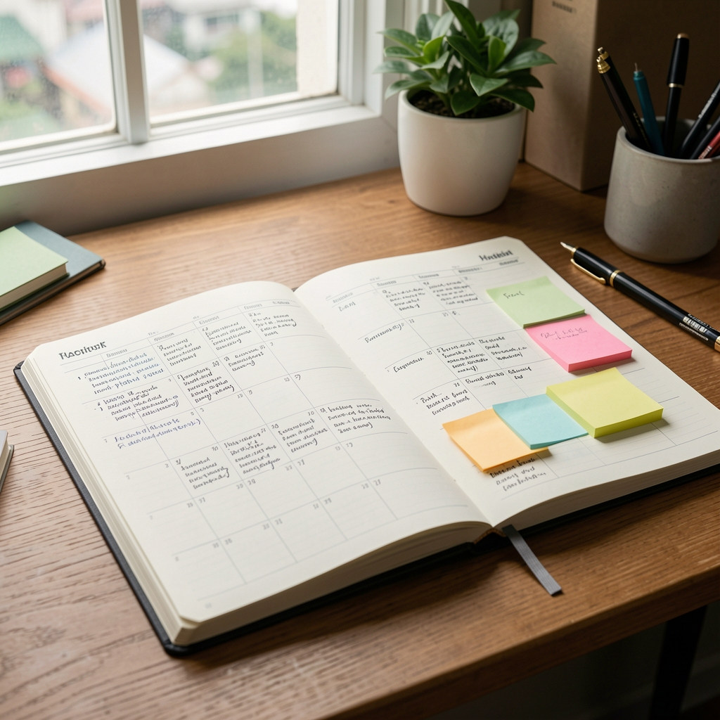Open editorial calendar notebook on a desk with handwritten topic outlines and sticky notes, natural light in a quiet Jakarta workspace