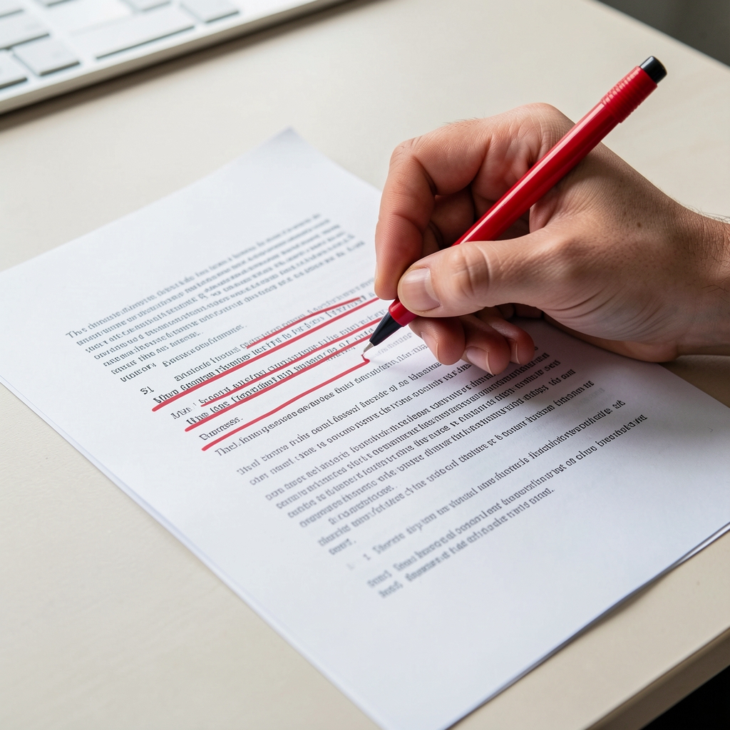 Close-up of a writer annotating a printed article draft with a red pen, highlighting claims and marking source references on a light desk
