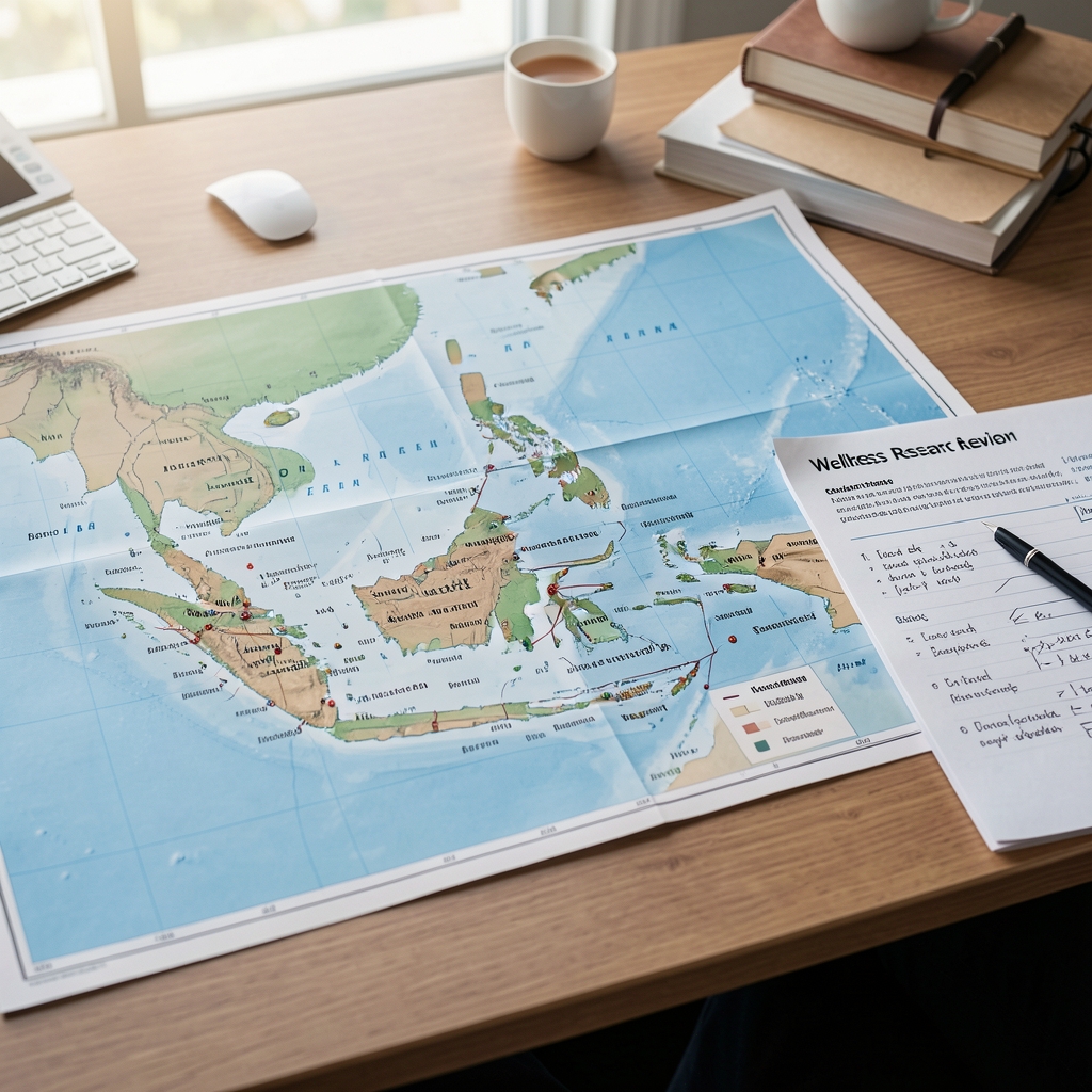 Map of Indonesia spread on a desk next to wellness research notes, indicating local context review for Jakarta-specific content
