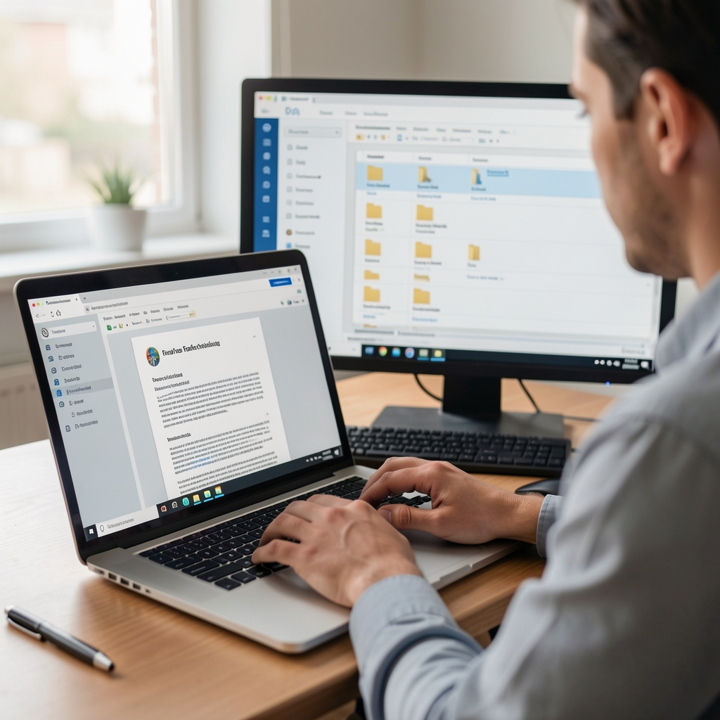 Person uploading a final article to a content management system on a laptop, archive folder structure visible on a secondary screen