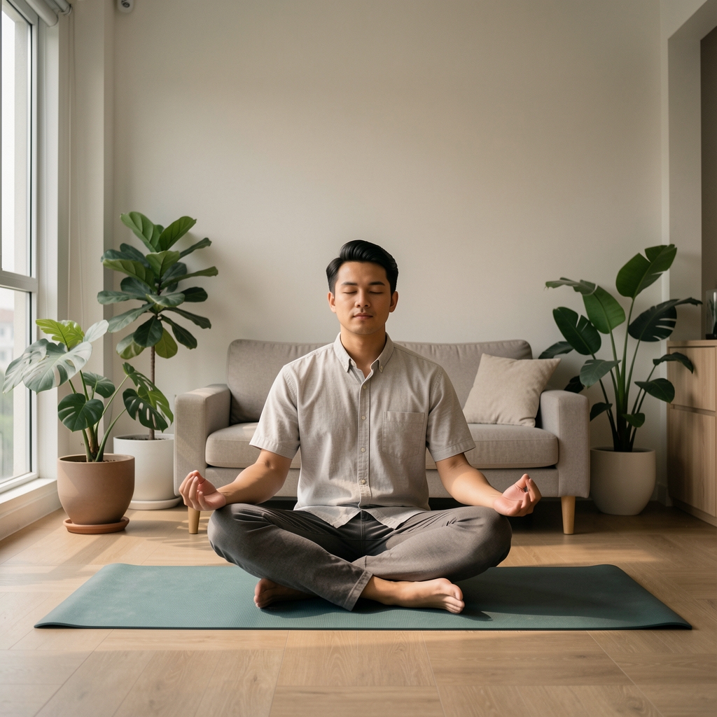 Man meditating on a yoga mat in a calm Jakarta apartment living room with plants, soft natural light, minimalist interior