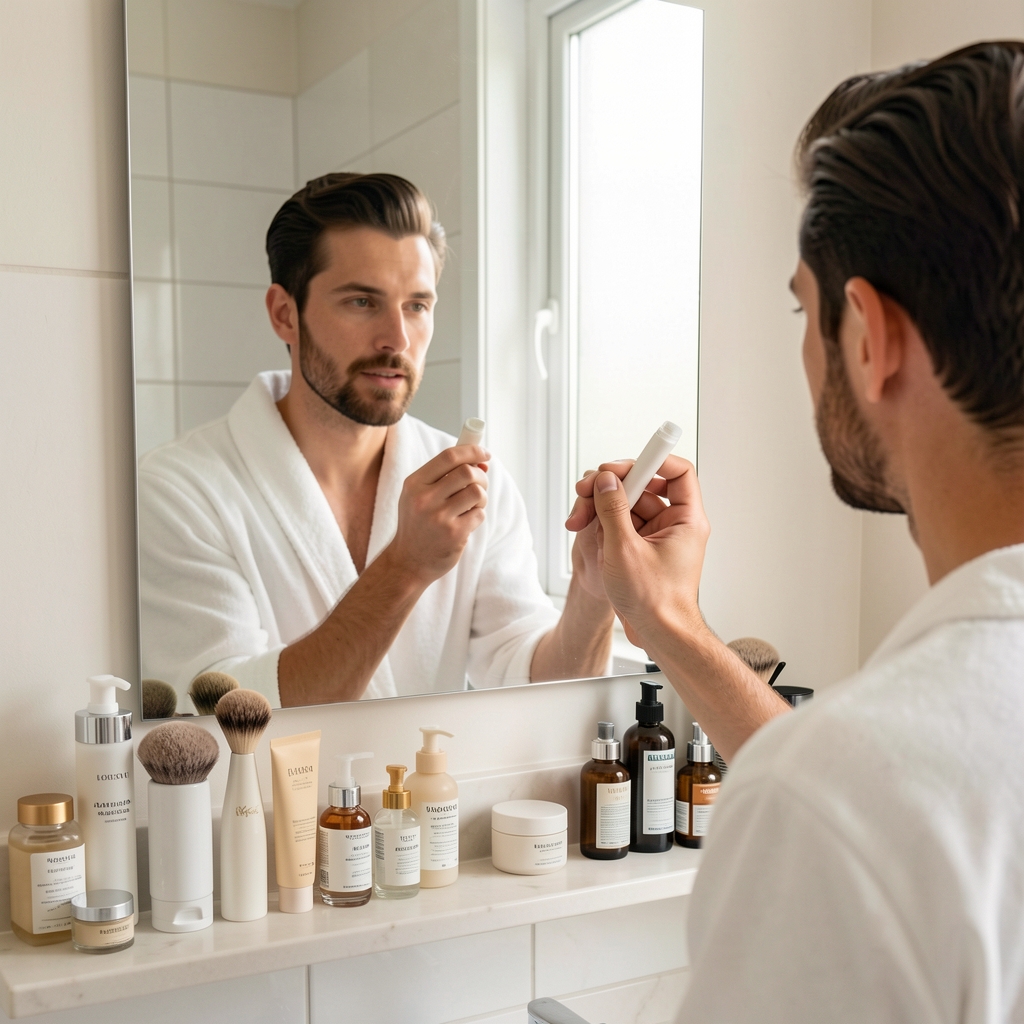 Man applying skincare product in a clean bathroom mirror with organised grooming products on the shelf, morning routine