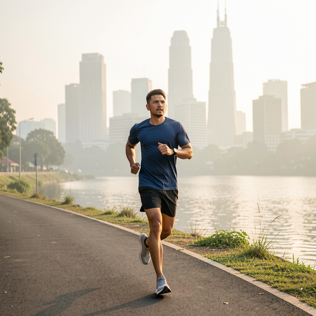 Man running on a riverside trail in Jakarta early morning, wearing minimal running shoes, city skyline visible in soft morning haze