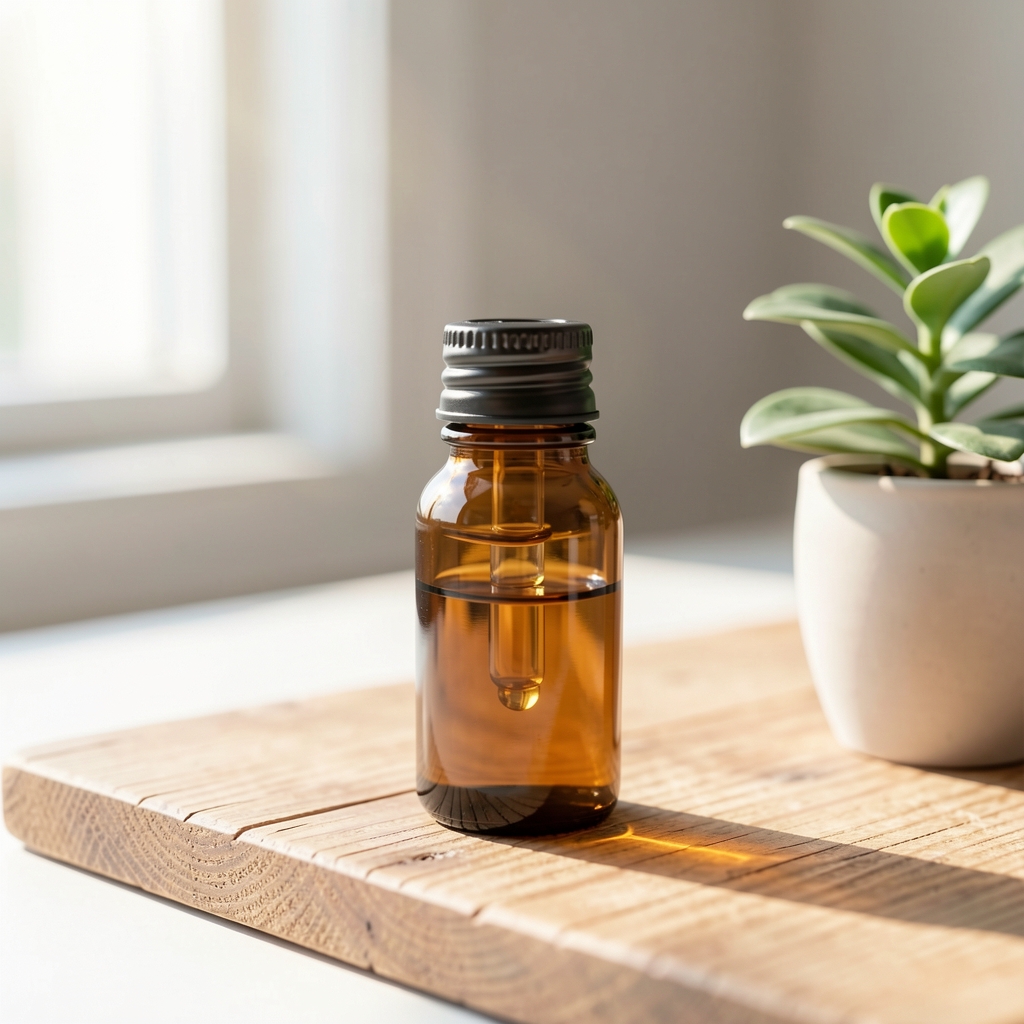 Small amber glass bottle containing vitamin D3 drops on a wooden surface beside a small green plant, bright natural light from the side