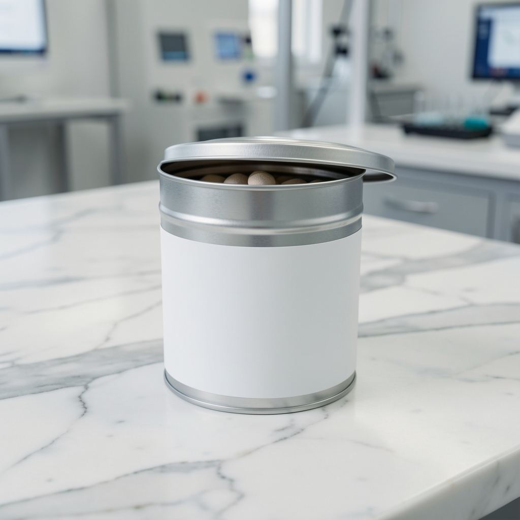 Open tin of zinc and selenium daily supplement with a clean, minimal label on a marble surface in a quality-control environment